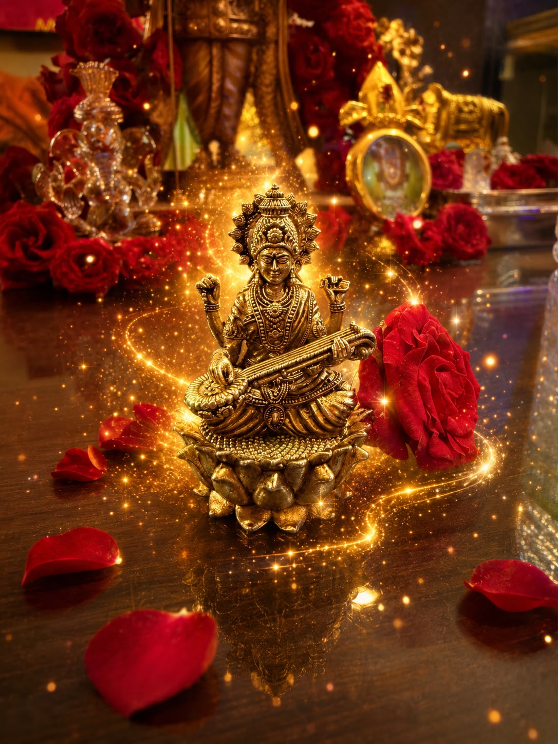 4 Inch Bronze Sri Saraswathi Idol with 3x3 Sacred Saraswathi Yantra | Bronze Saraswati Statue