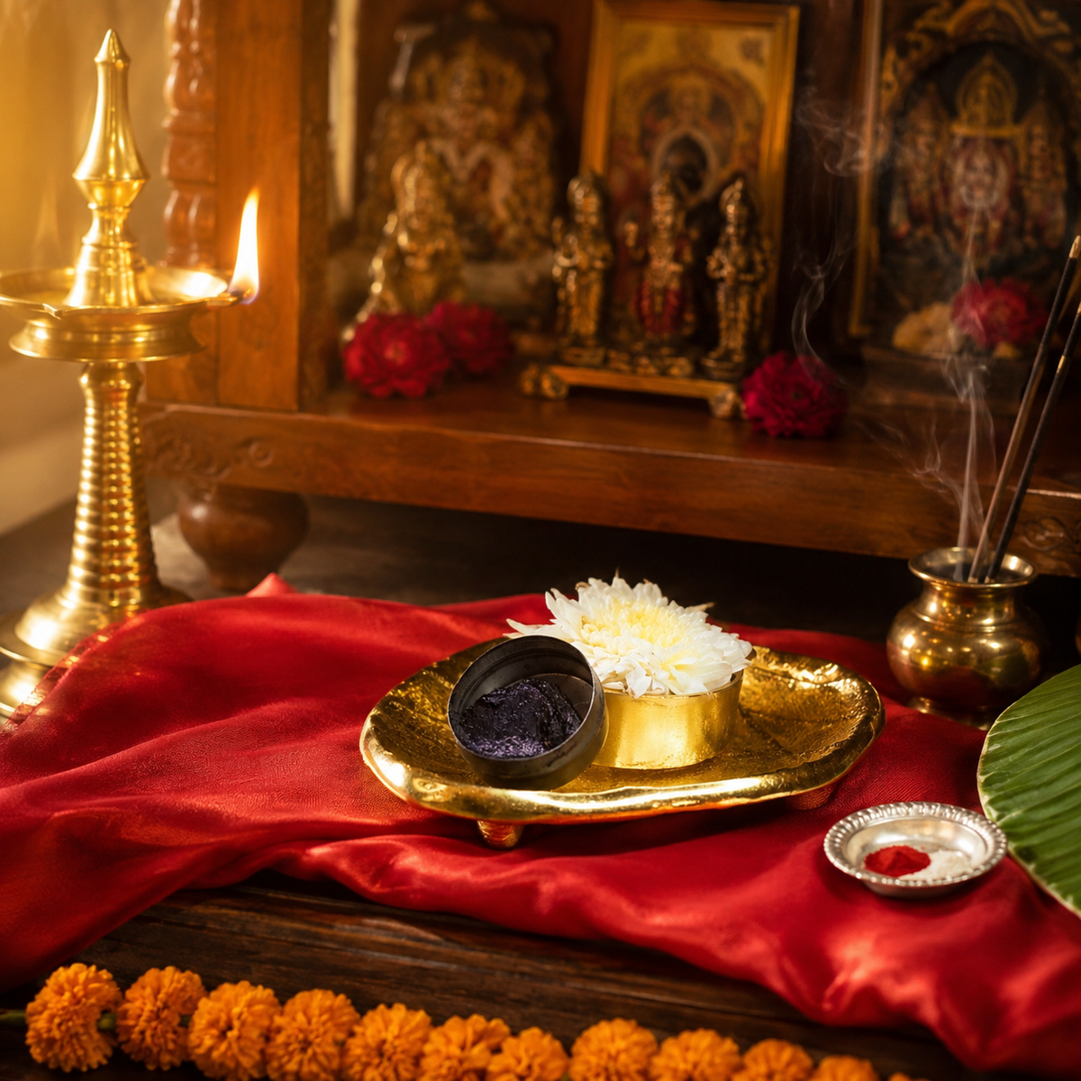 Aragaja Mai on a traditional South Indian pooja altar with kuthuvilakku lamp and marigold garland