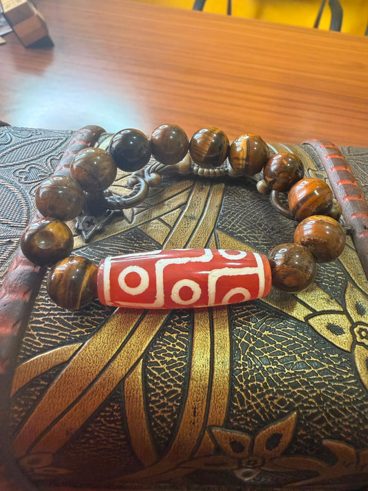 Dzi Bead Bracelet with Brown Tiger's Eye Beads | Protection & Prosperity