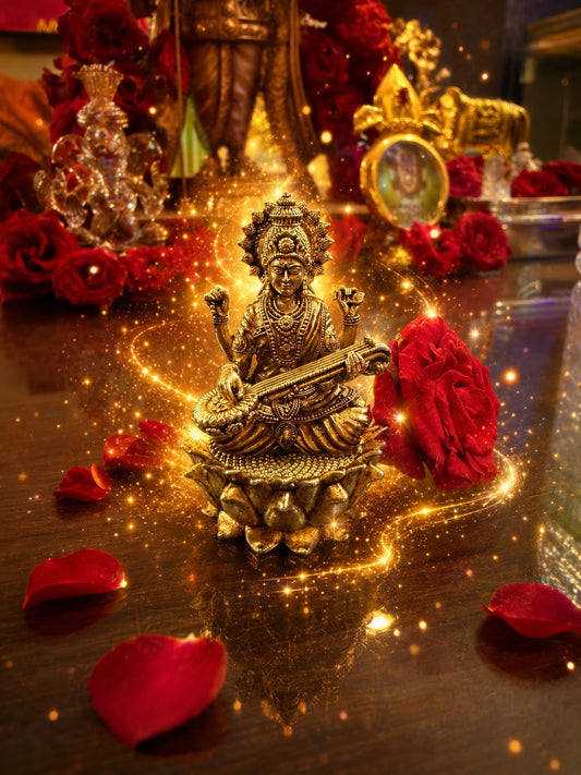 4 Inch Bronze Sri Saraswathi Idol with 3x3 Sacred Saraswathi Yantra | Bronze Saraswati Statue